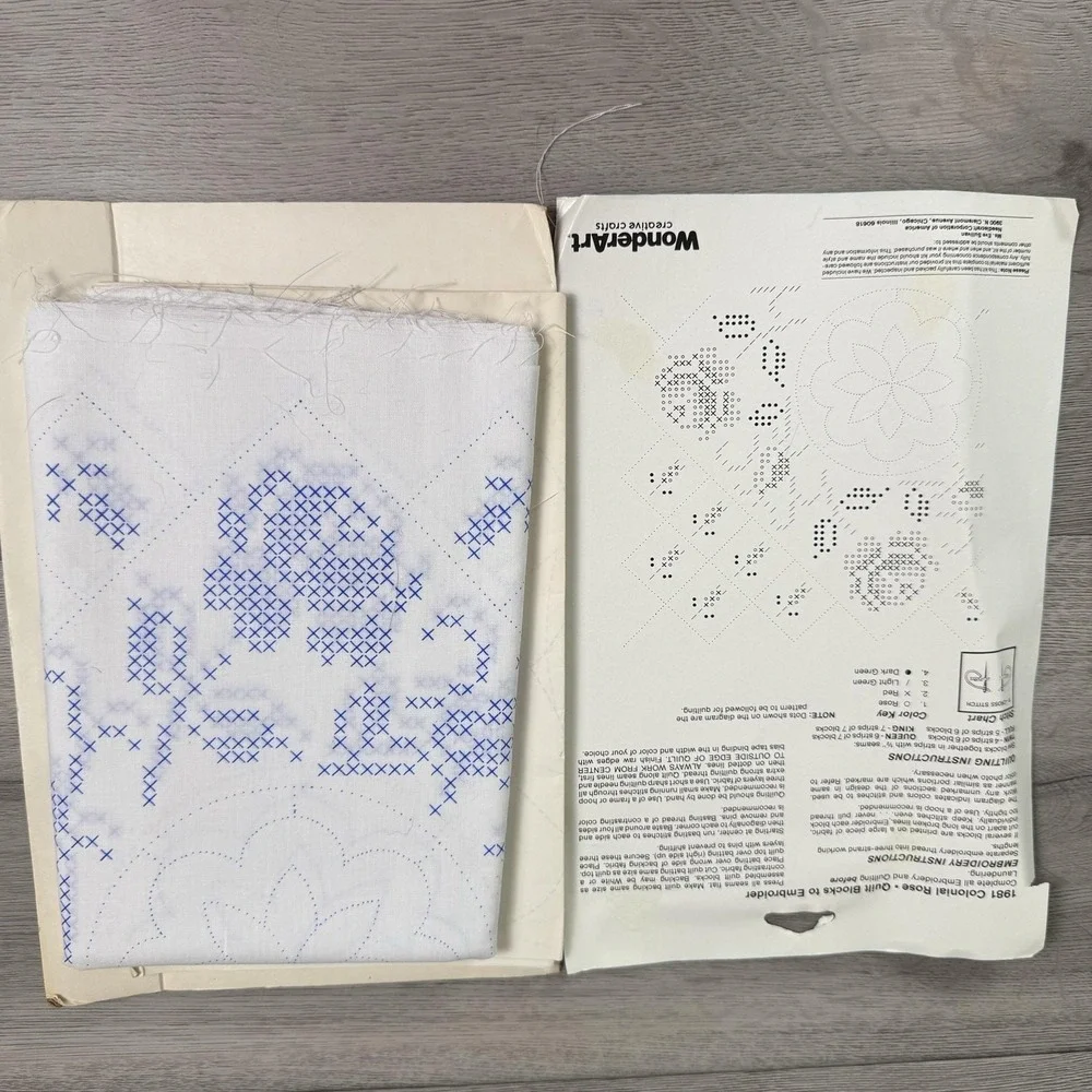 VTG WonderArt 1981 Colonial Rose Floral Quilt Blocks Cross Stitch Kit 18x18 OPEN